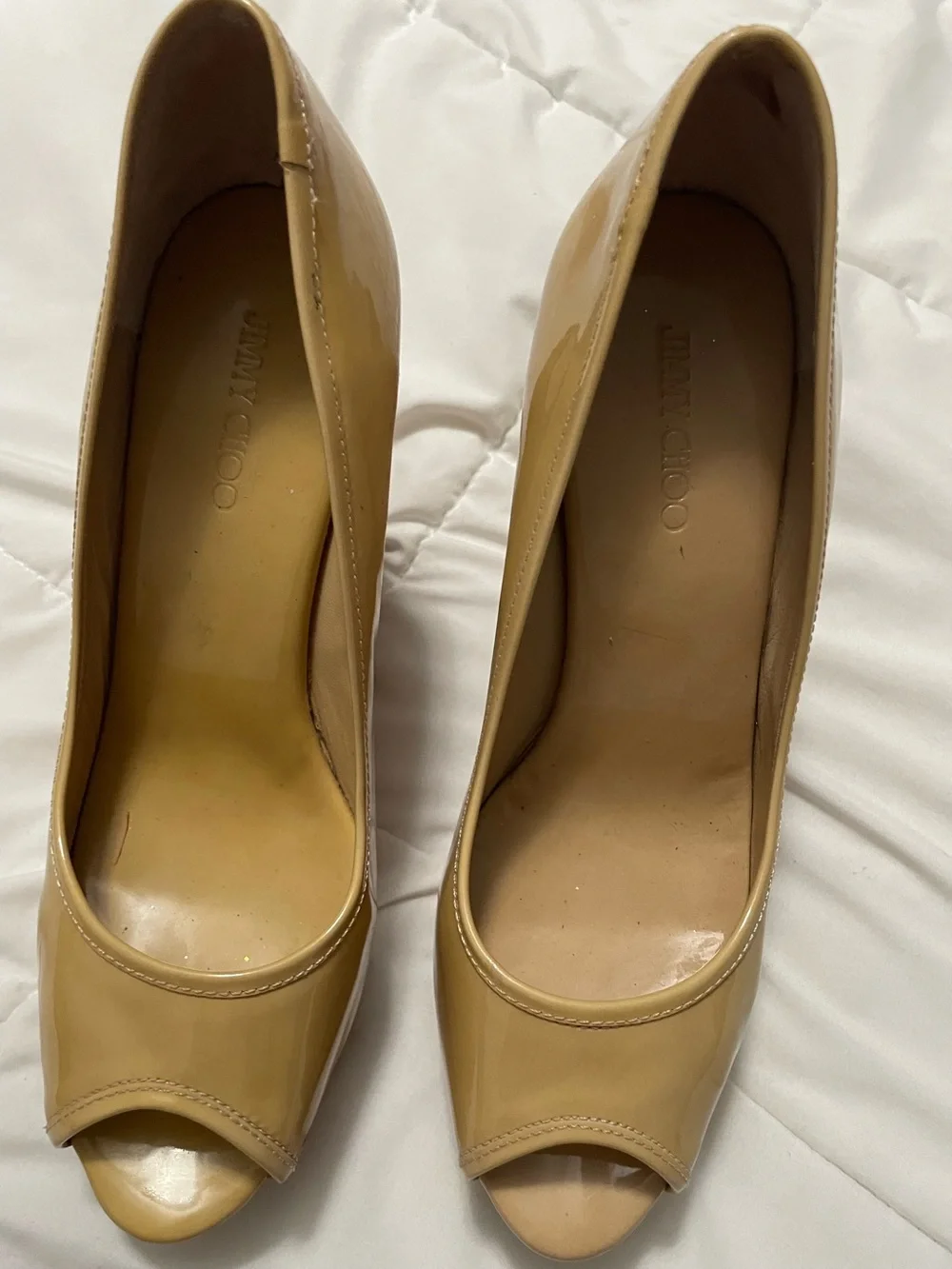 Jimmy Choo peep toe Beige Patent Cork Wedge Heels